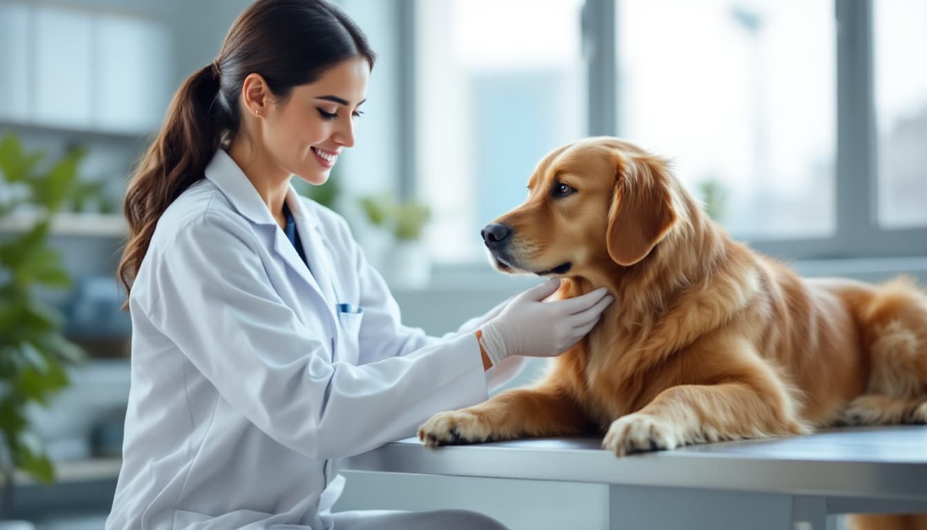 Veterinarian examining a dog in a bright clinic