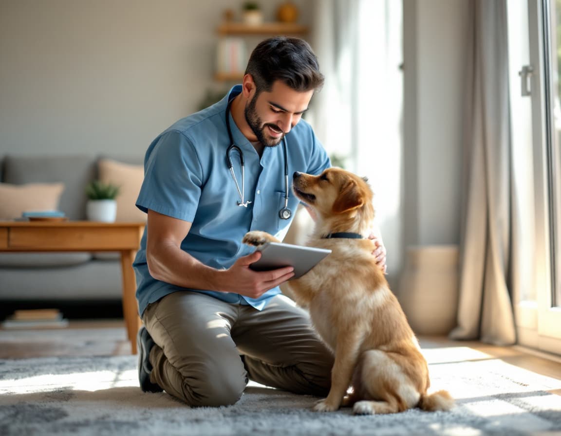 Veterinarian on a house call using a tablet